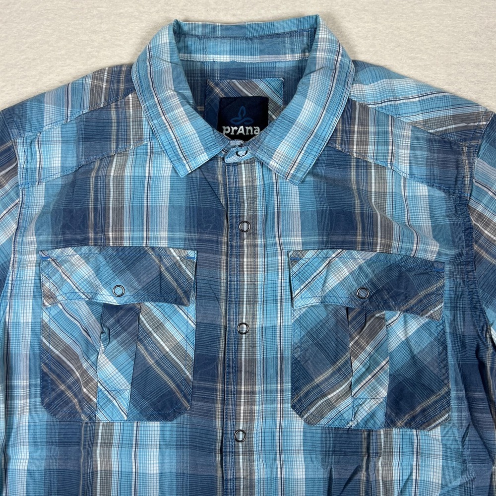 Prana Shirt Mens Medium Blue Plaid Short Sleeve Organic Cotton Button Up
